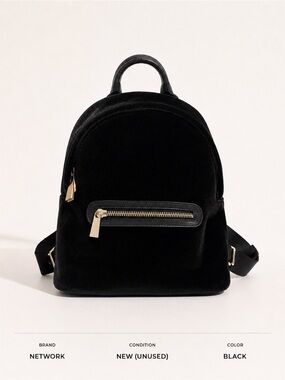 Black Velvet Compact Backpack with Gold Hardware